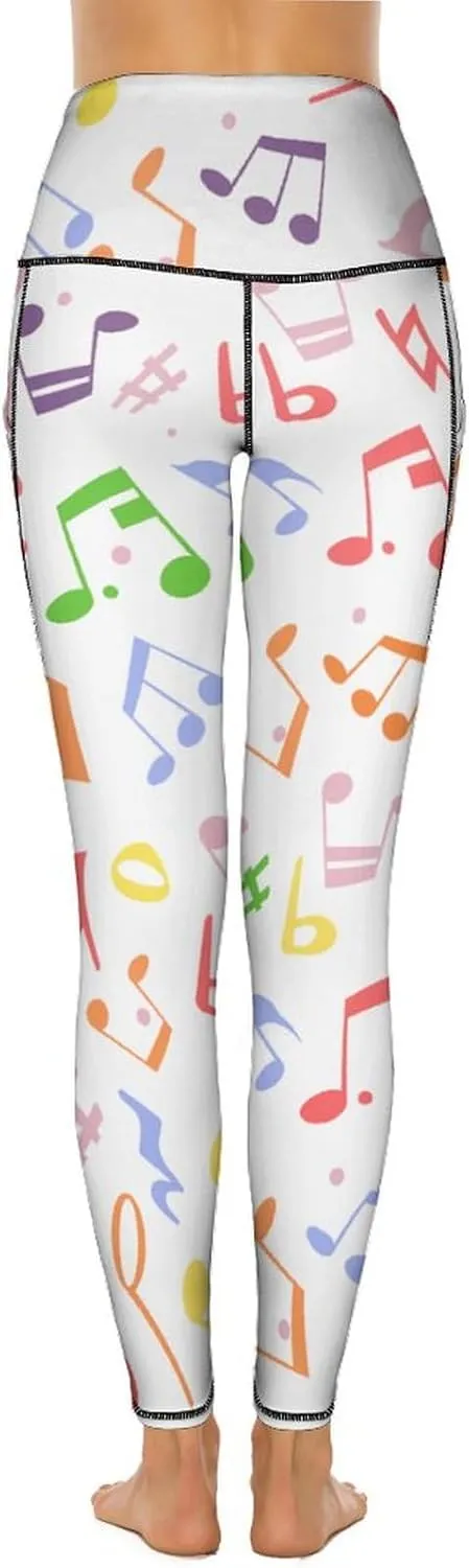 Athletic High Waist Yoga Pants Women's Workout Leggings with Pockets Exercise Tights White Music Notes Sports Trousers