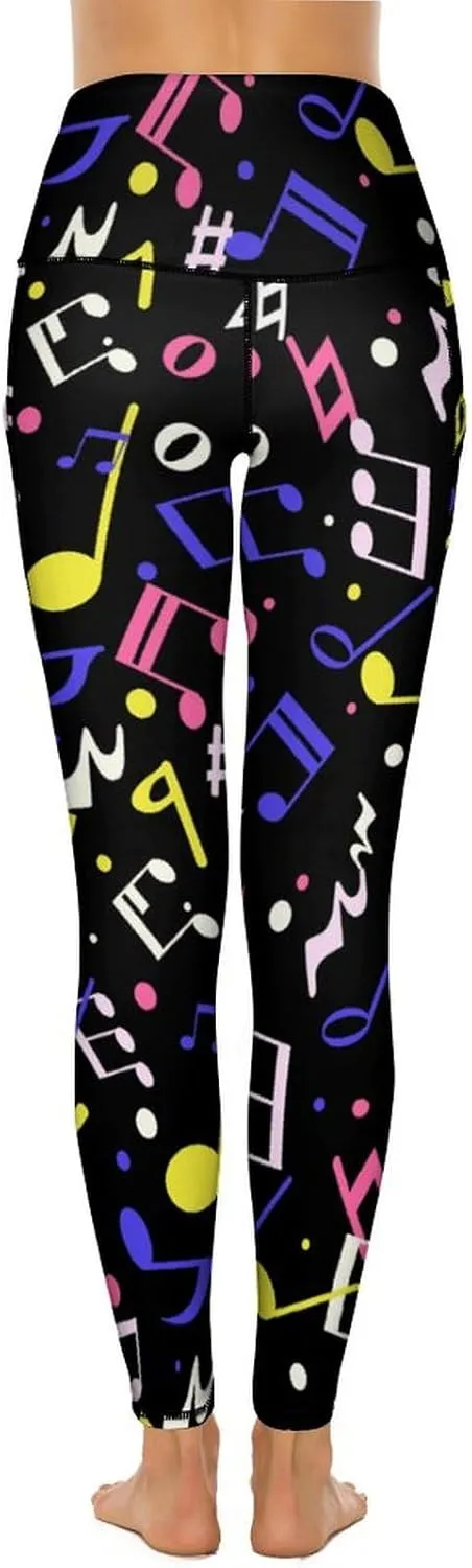 Athletic High Waist Yoga Pants Women's Workout Leggings with Pockets Exercise Tights White Music Notes Sports Trousers