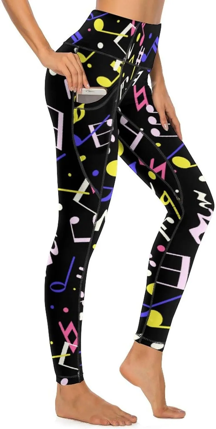 Athletic High Waist Yoga Pants Women's Workout Leggings with Pockets Exercise Tights White Music Notes Sports Trousers