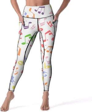 Athletic High Waist Yoga Pants Women's Workout Leggings with Pockets Exercise Tights White Music Notes Sports Trousers