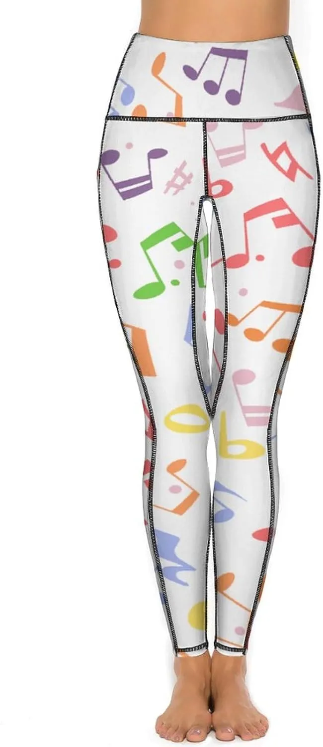 Athletic High Waist Yoga Pants Women's Workout Leggings with Pockets Exercise Tights White Music Notes Sports Trousers