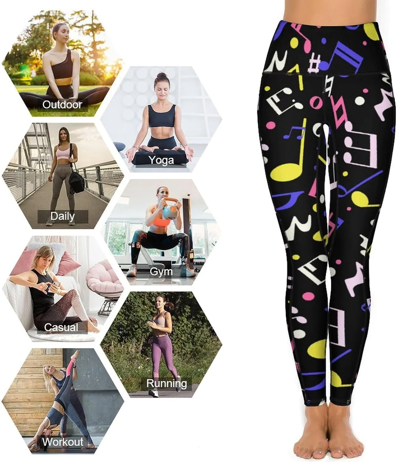 Athletic High Waist Yoga Pants Women's Workout Leggings with Pockets Exercise Tights White Music Notes Sports Trousers