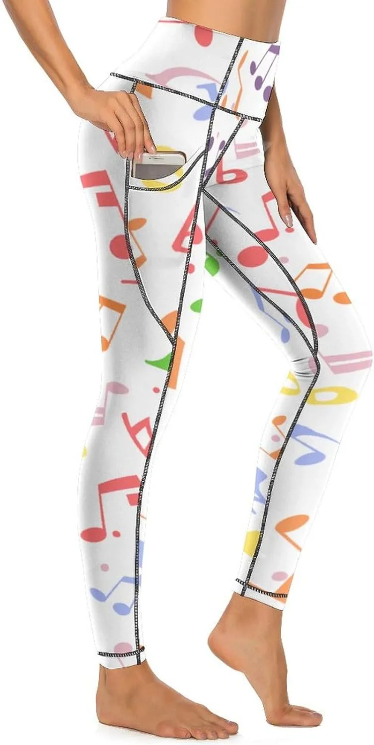 Athletic High Waist Yoga Pants Women's Workout Leggings with Pockets Exercise Tights White Music Notes Sports Trousers