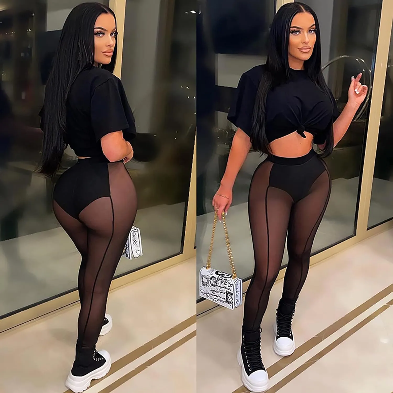 Atyfuniby Womens Leggings High Waisted - Sexy Skinny Mesh See Through Pants Party Clubwear