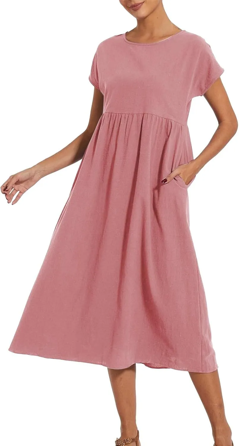 Baggy Linen Dresses for Women Summer Short Sleeve Crewneck A Line Dress Tunic Beach Swing Maxi Dresses with Pockets