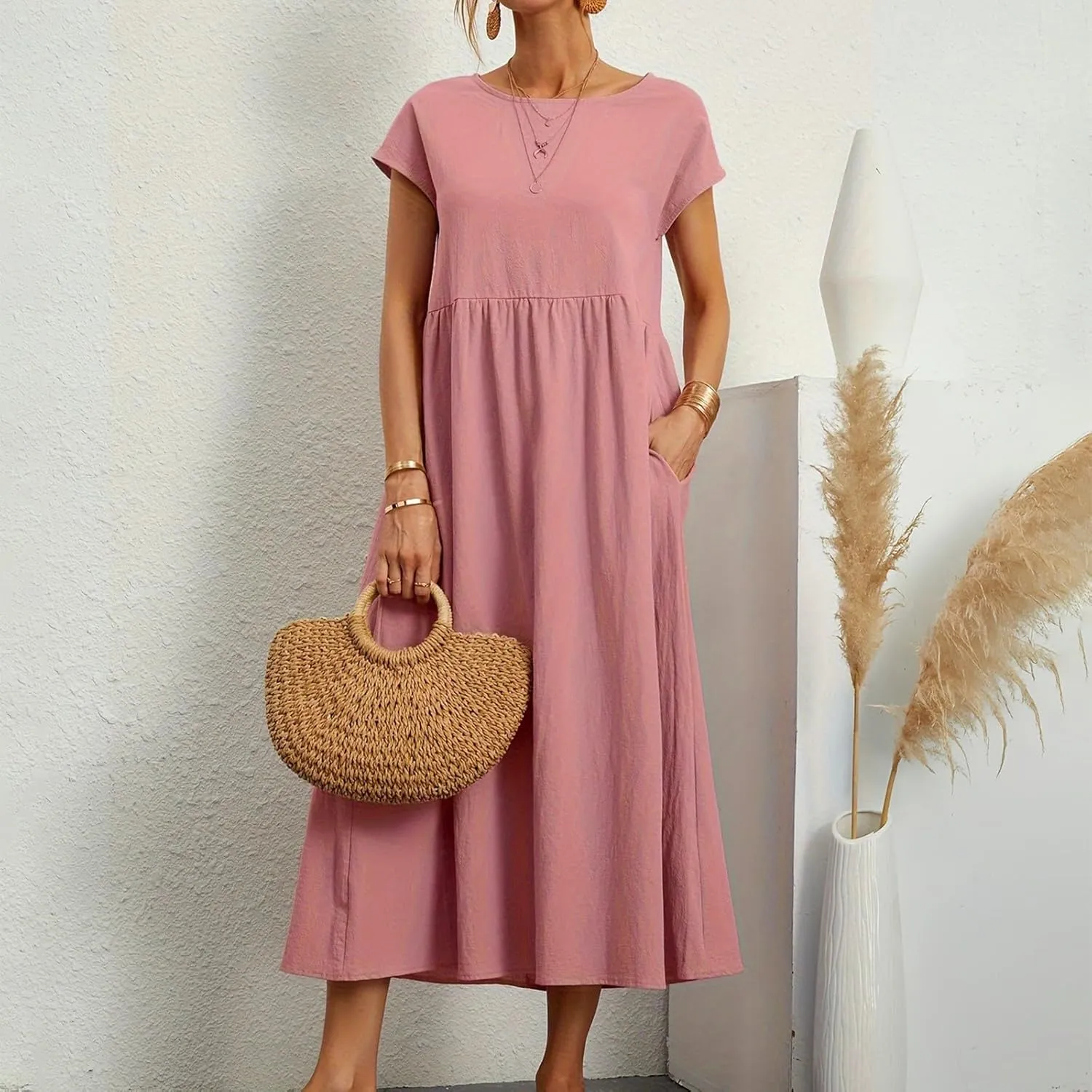 Baggy Linen Dresses for Women Summer Short Sleeve Crewneck A Line Dress Tunic Beach Swing Maxi Dresses with Pockets