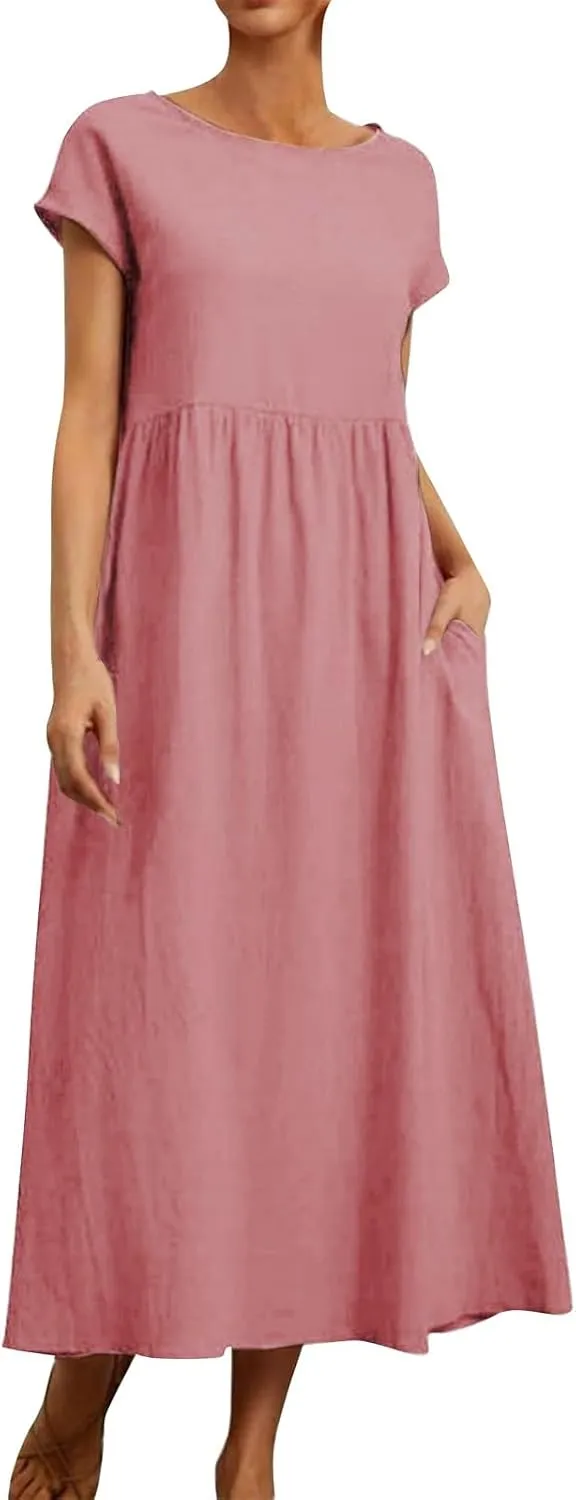 Baggy Linen Dresses for Women Summer Short Sleeve Crewneck A Line Dress Tunic Beach Swing Maxi Dresses with Pockets