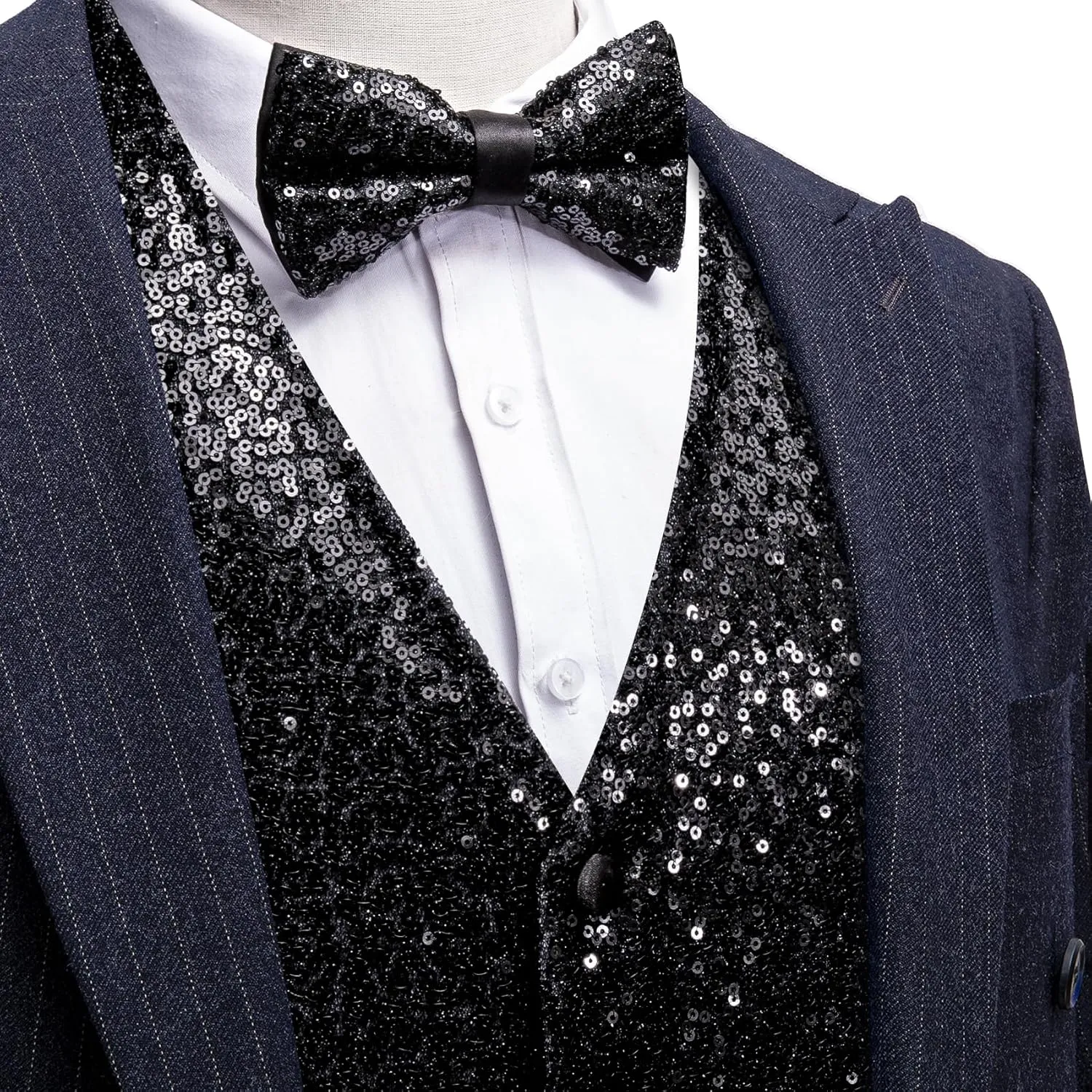 Barry.Wang Mens Sequins Vest Formal/Leisure V-neck Shiny Waistcoat Bowtie Set Prom Party Tuxedo