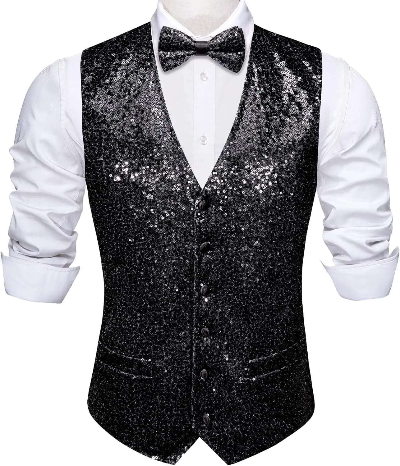 Barry.Wang Mens Sequins Vest Formal/Leisure V-neck Shiny Waistcoat Bowtie Set Prom Party Tuxedo
