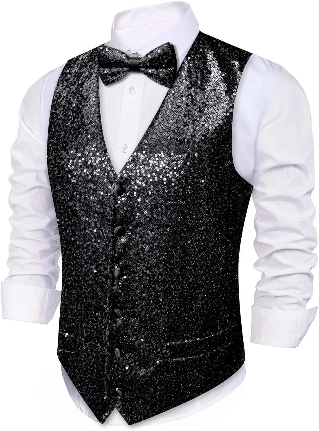 Barry.Wang Mens Sequins Vest Formal/Leisure V-neck Shiny Waistcoat Bowtie Set Prom Party Tuxedo