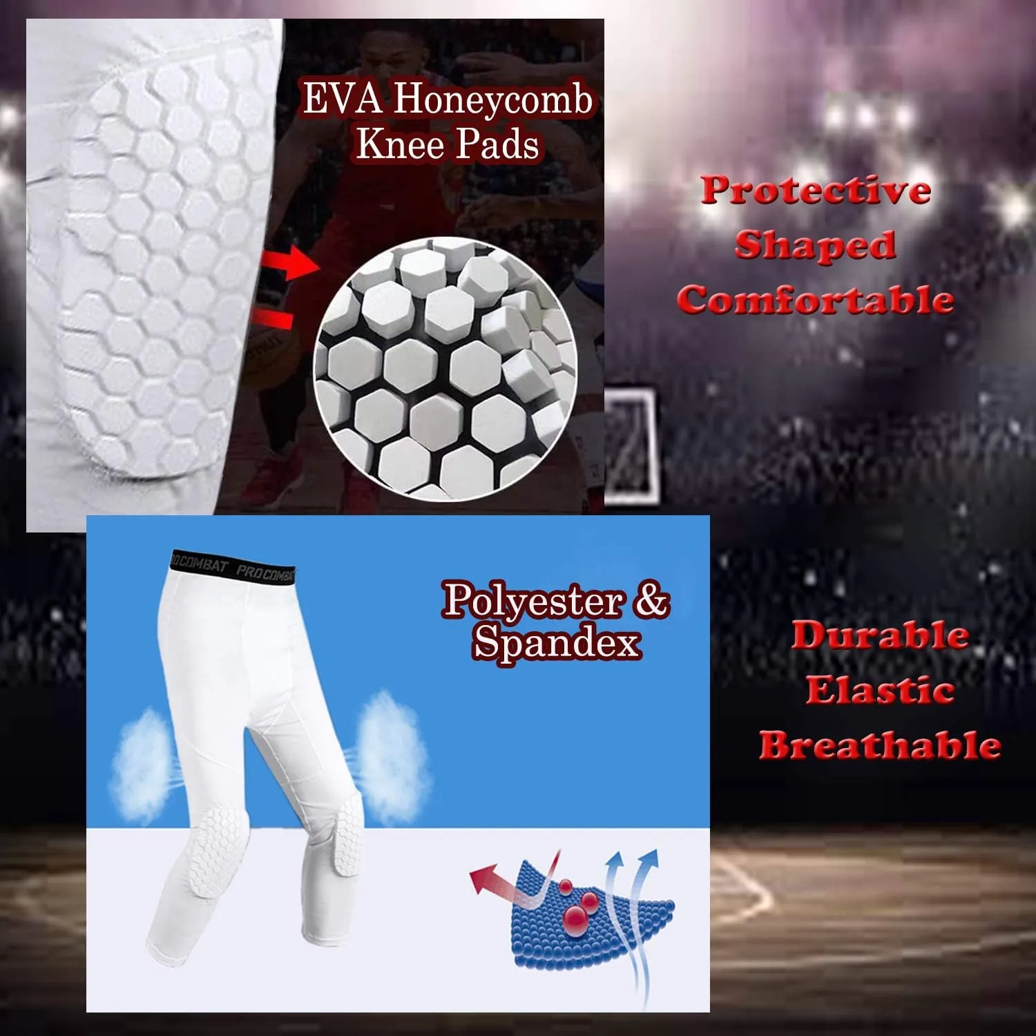 Basketball Compression Pants with Pads, White 3/4 Capri Pants Padded, Basketball Tights Leggings