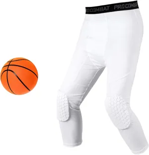 Basketball Compression Pants with Pads, White 3/4 Capri Pants Padded, Basketball Tights Leggings