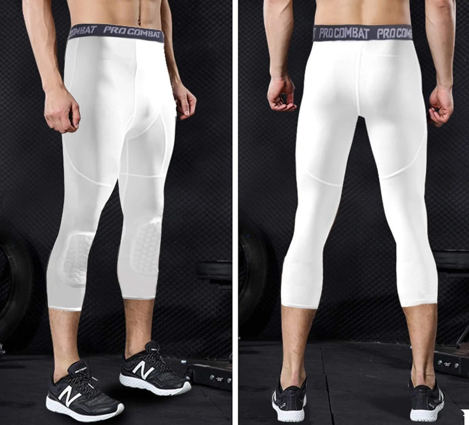 Basketball Compression Pants with Pads, White 3/4 Capri Pants Padded, Basketball Tights Leggings