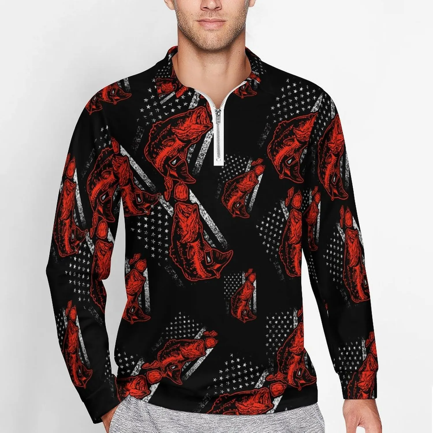 Bass Fishing Lure And USA Flag Men's Zipped Long Sleeve Casual Sweatshirt Quick Dry Sports Outdoor Golf Tennis Shirt