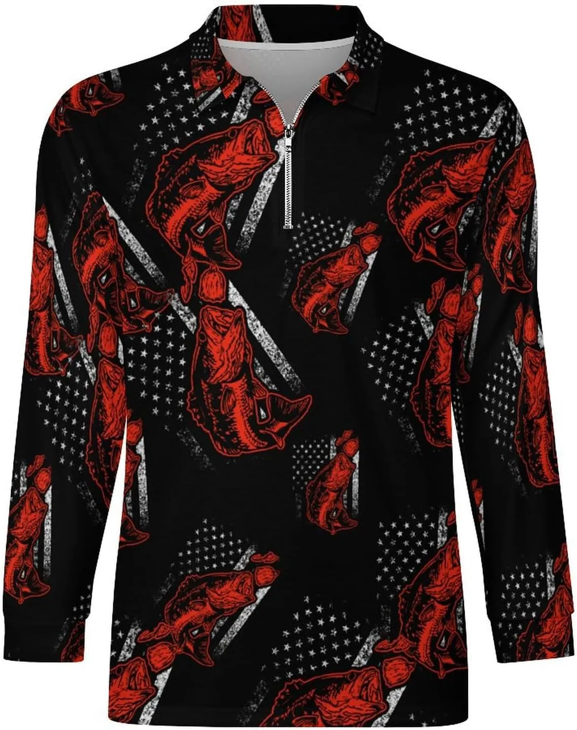Bass Fishing Lure And USA Flag Men's Zipped Long Sleeve Casual Sweatshirt Quick Dry Sports Outdoor Golf Tennis Shirt