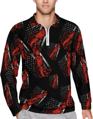 Bass Fishing Lure And USA Flag Men's Zipped Long Sleeve Casual Sweatshirt Quick Dry Sports Outdoor Golf Tennis Shirt