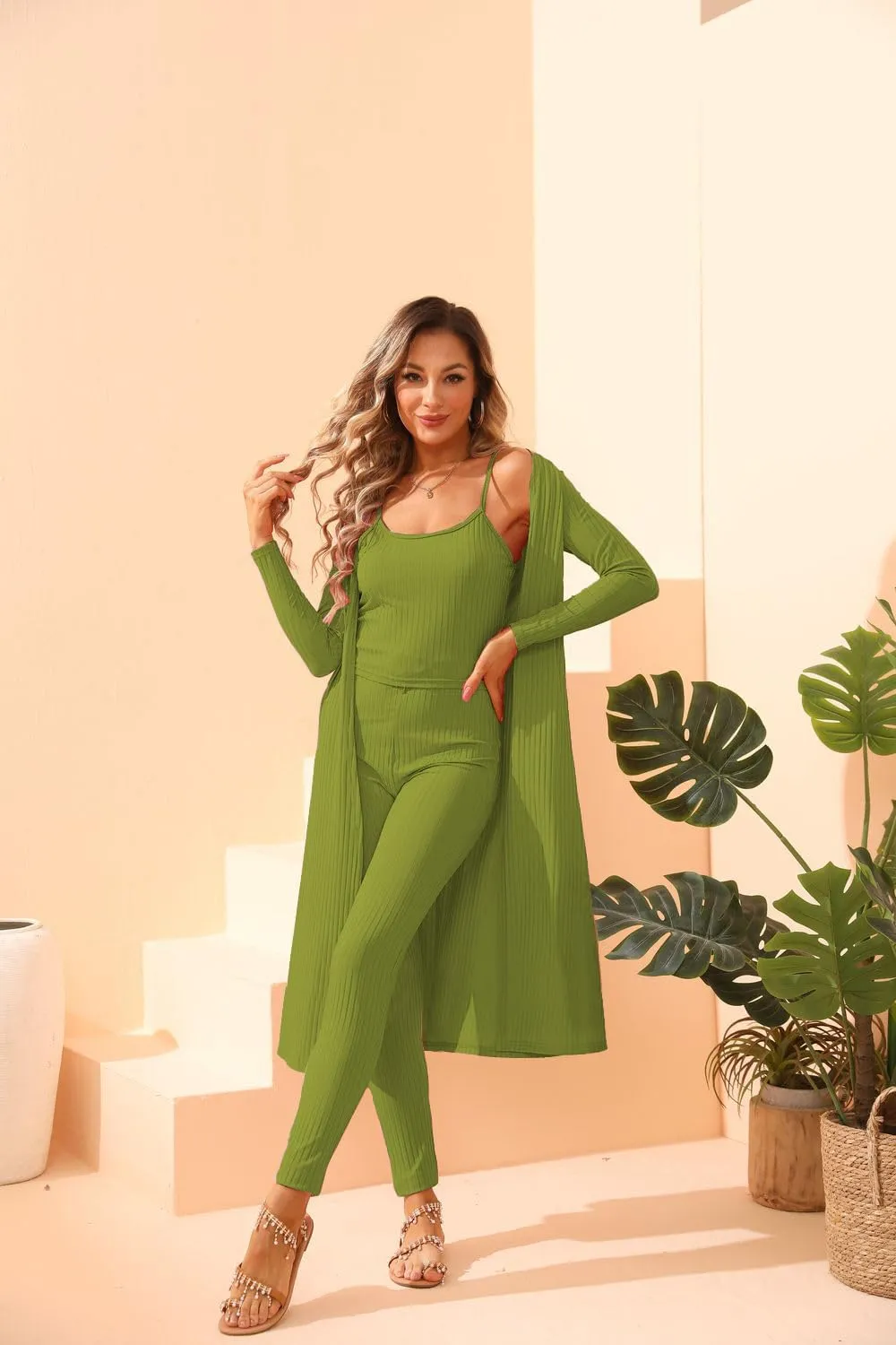 BDAILKA 3 Piece Lounge Sets for Women Sexy Outfit Pajama Sweatsuit Open Front Cardigan Crop Tank Tops Legs Pants