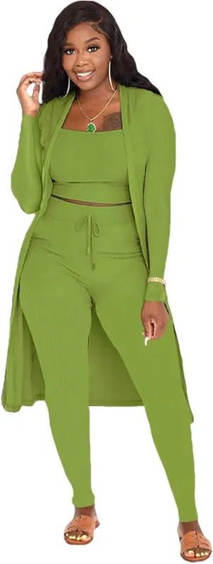 BDAILKA 3 Piece Lounge Sets for Women Sexy Outfit Pajama Sweatsuit Open Front Cardigan Crop Tank Tops Legs Pants