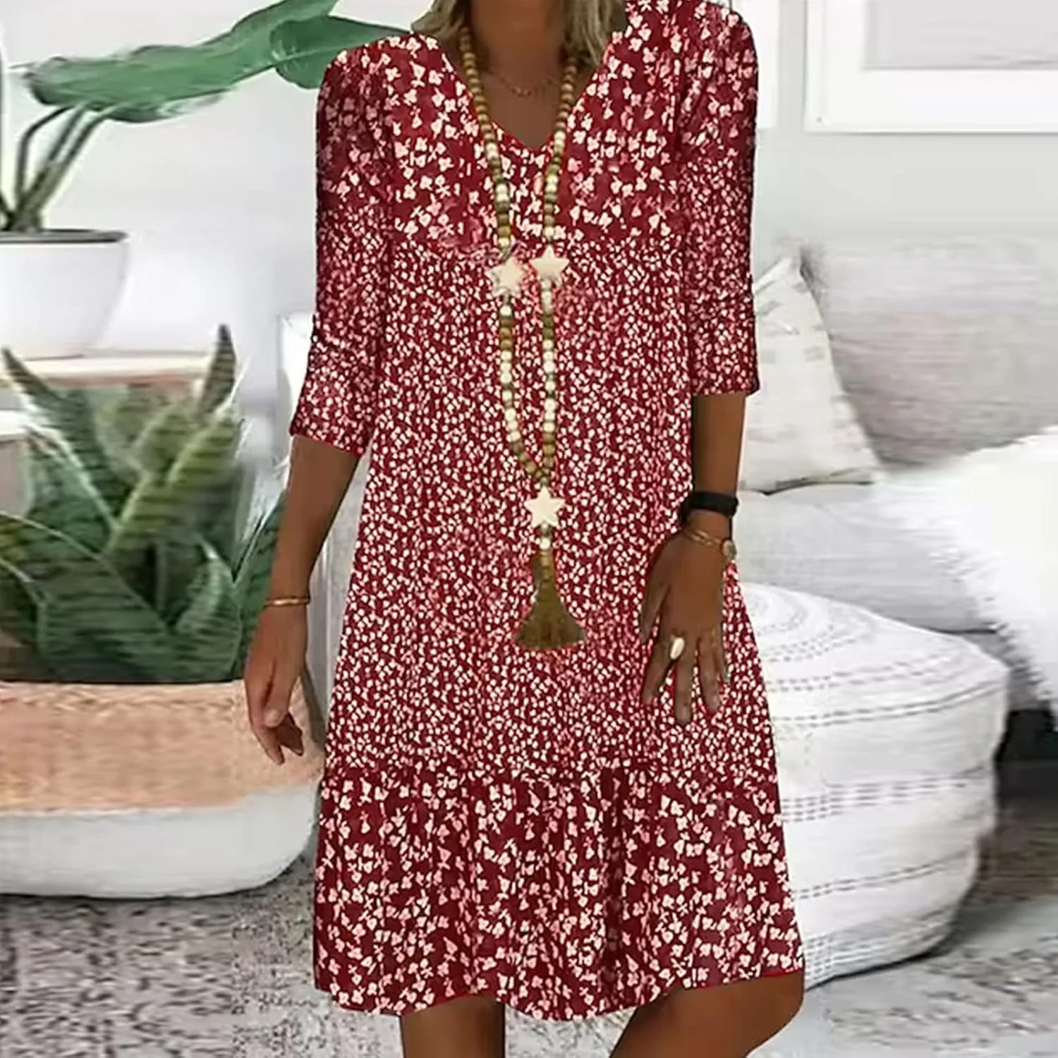 Beach Dresses for Women 3/4 Sleeve V Neck Boho Vacation Dress Loose Fit Floral Summer Casual Trendy Sundress