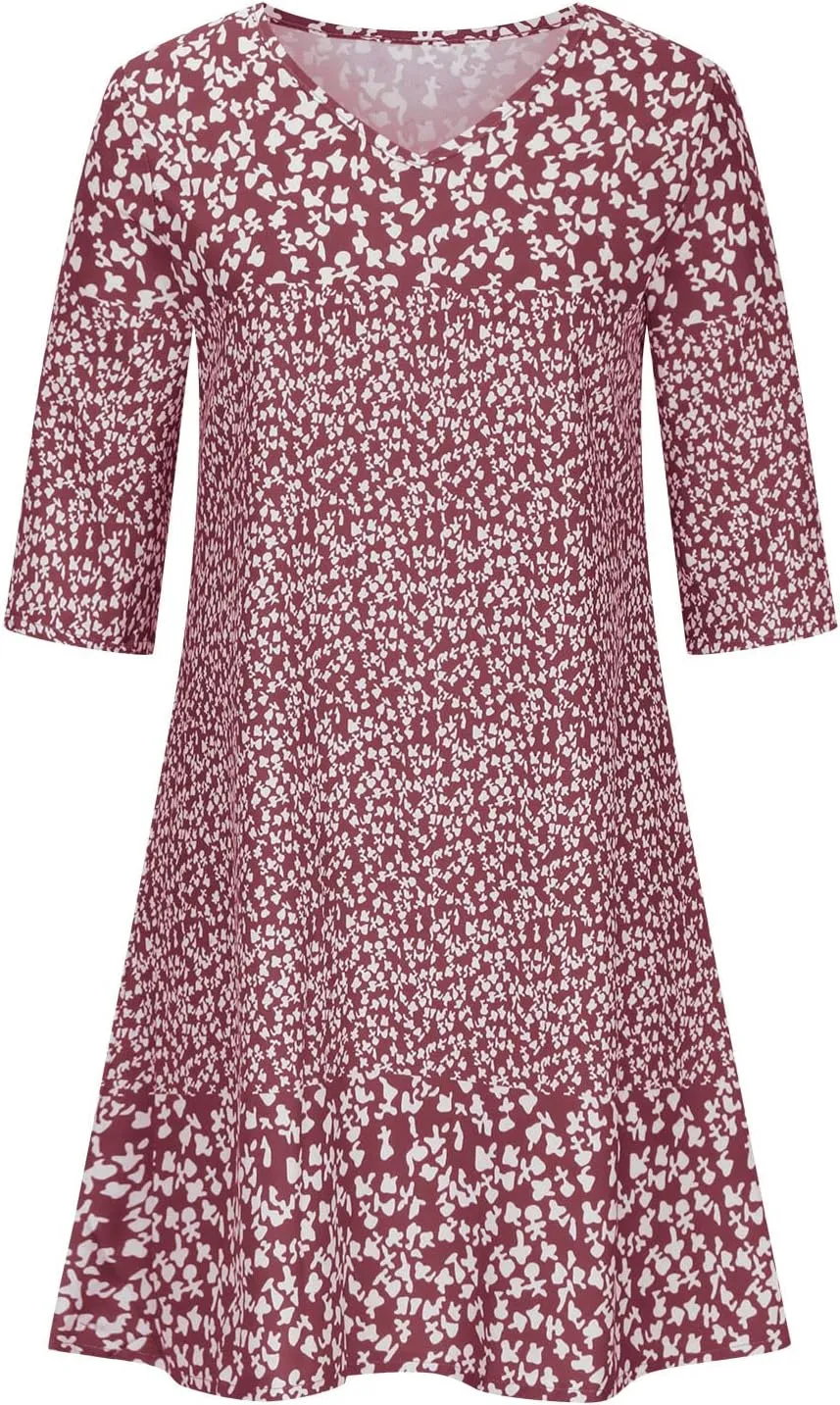 Beach Dresses for Women 3/4 Sleeve V Neck Boho Vacation Dress Loose Fit Floral Summer Casual Trendy Sundress