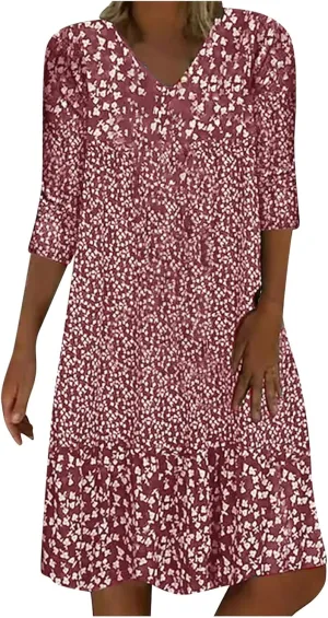 Beach Dresses for Women 3/4 Sleeve V Neck Boho Vacation Dress Loose Fit Floral Summer Casual Trendy Sundress