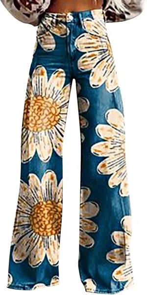 Bell Bottom Pants for Women Button High Waist Bell Bottom Leggings Trouser Casual Floral Flared Pants Twill