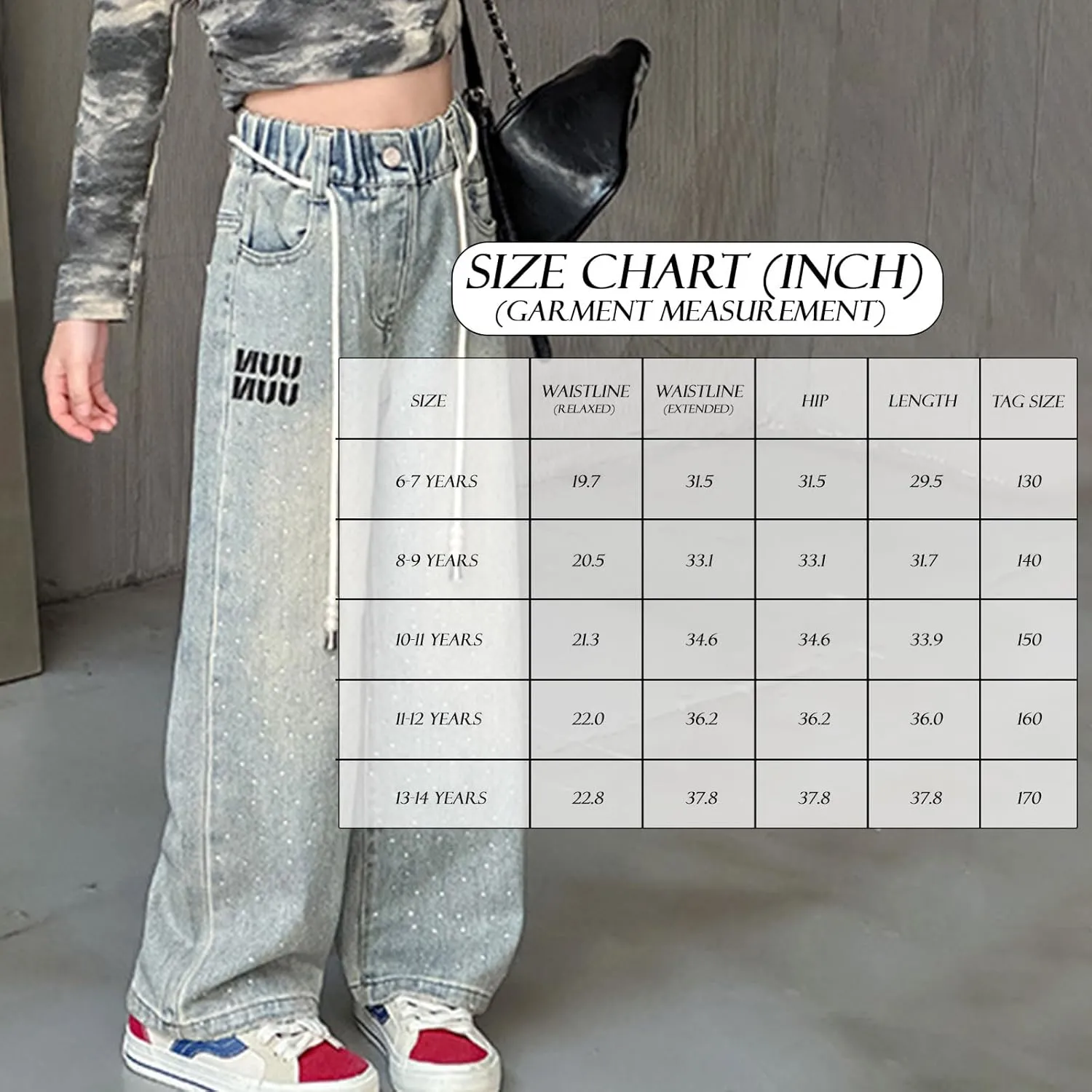 birbyrrly Girls Wide Leg Jeans Kids Baggy Elastic Waist Casual Denim Pants with Pockets