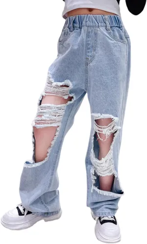 birbyrrly Girls Wide Leg Jeans Kids Baggy Elastic Waist Casual Denim Pants with Pockets