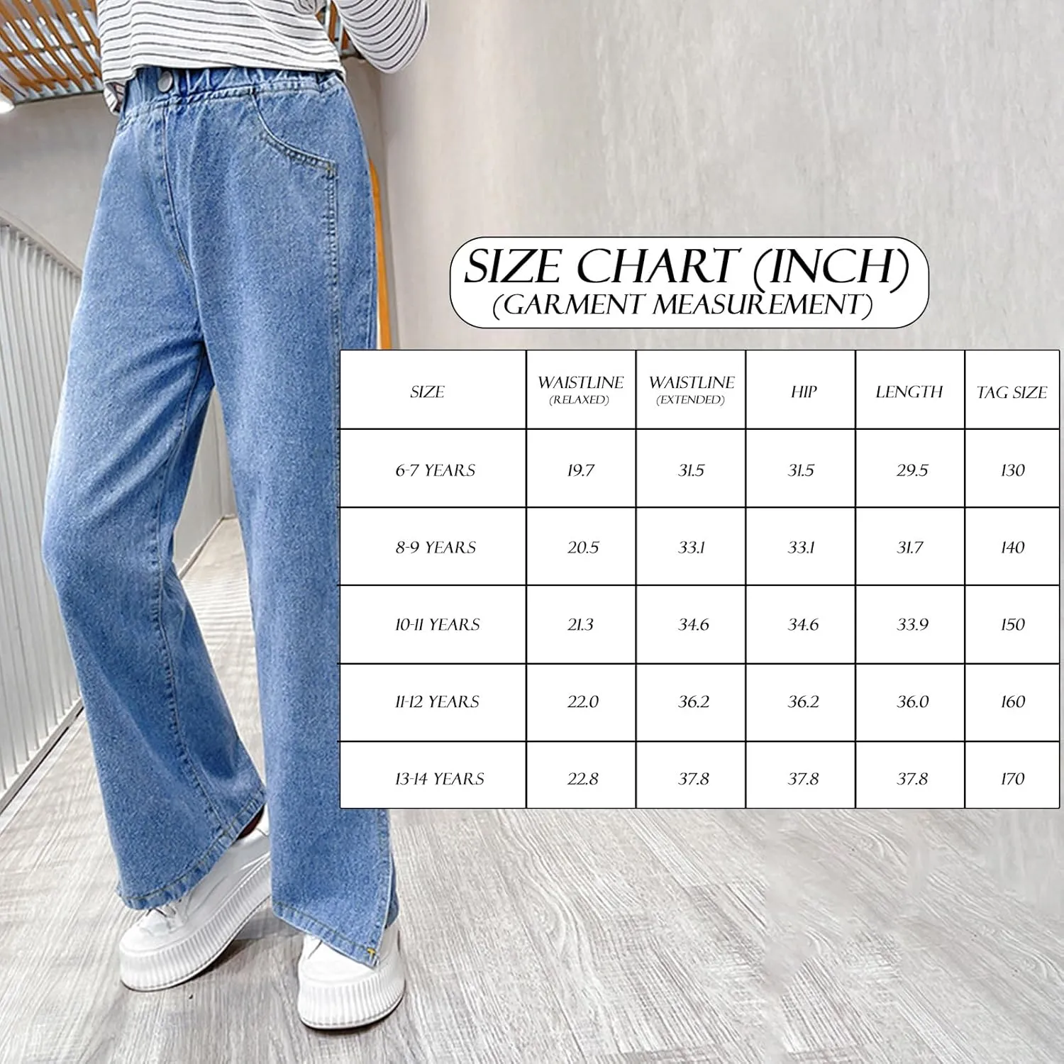 birbyrrly Girls Wide Leg Jeans Kids Baggy Elastic Waist Casual Denim Pants with Pockets