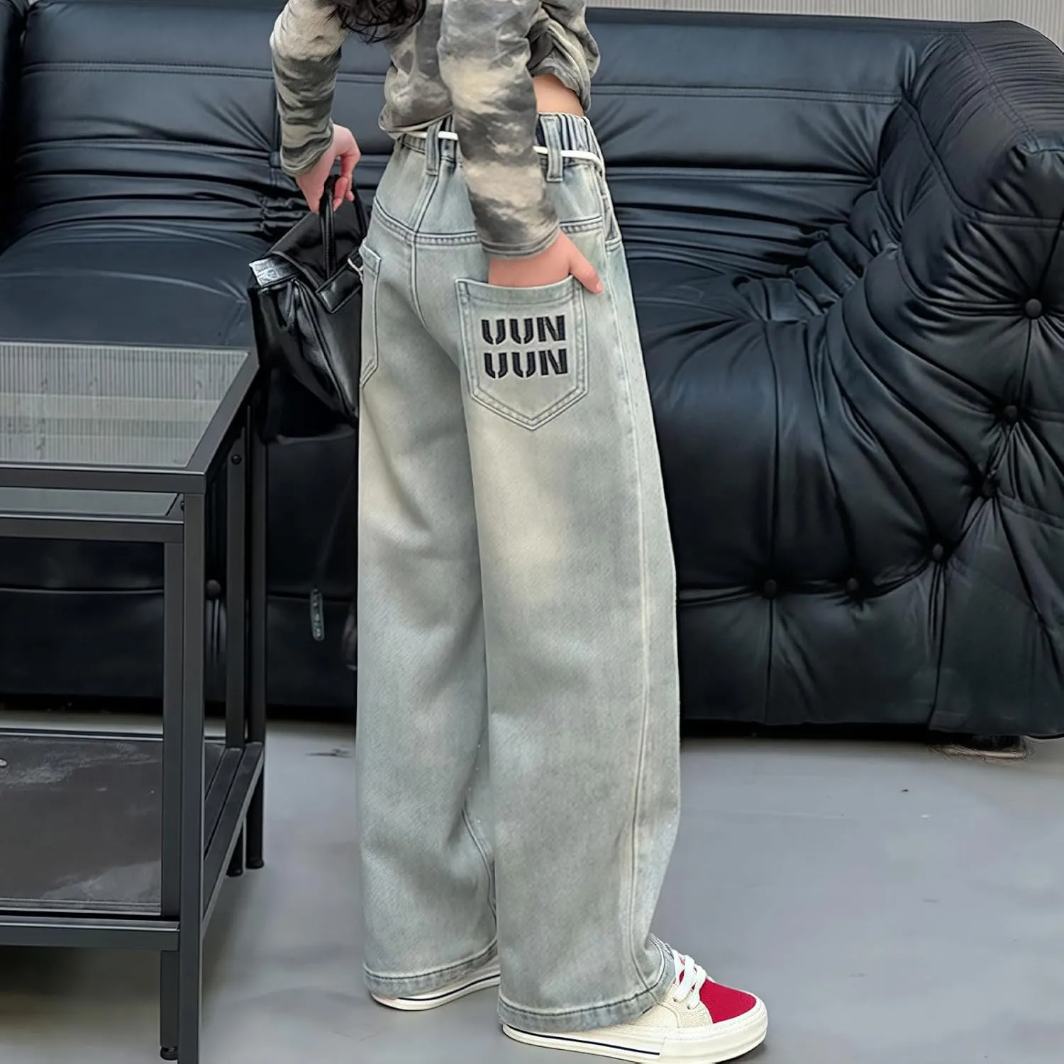 birbyrrly Girls Wide Leg Jeans Kids Baggy Elastic Waist Casual Denim Pants with Pockets
