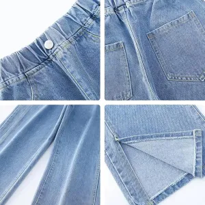 birbyrrly Girls Wide Leg Jeans Kids Baggy Elastic Waist Casual Denim Pants with Pockets