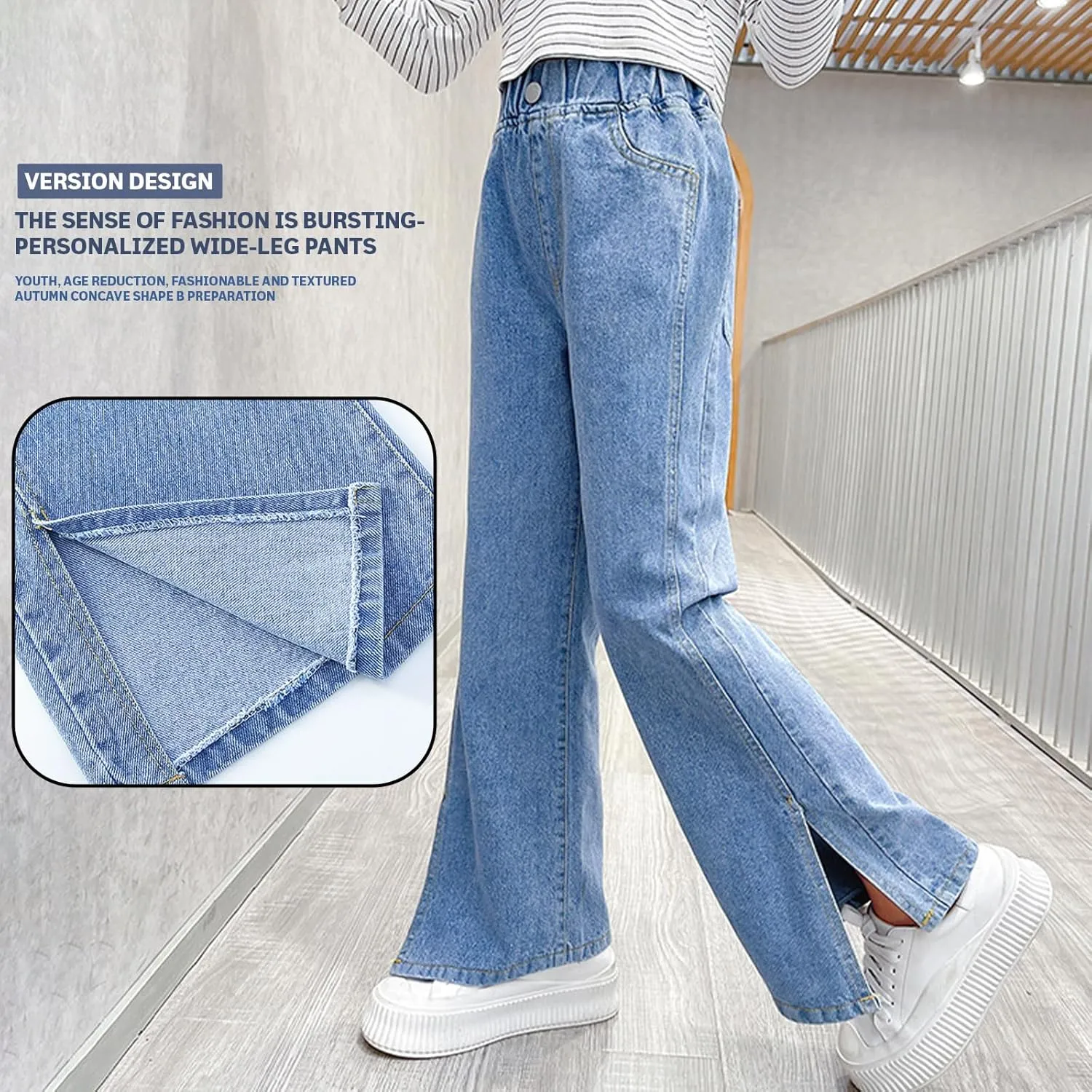 birbyrrly Girls Wide Leg Jeans Kids Baggy Elastic Waist Casual Denim Pants with Pockets