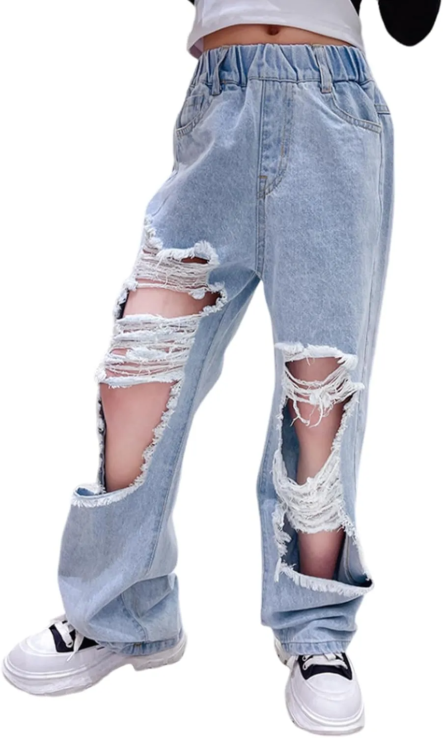 birbyrrly Girls Wide Leg Jeans Kids Baggy Elastic Waist Casual Denim Pants with Pockets