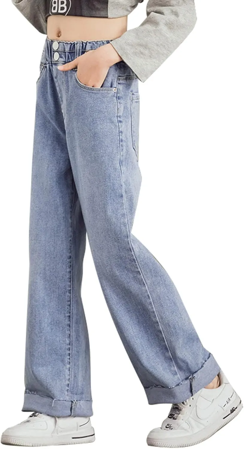 birbyrrly Girls Wide Leg Jeans Kids Baggy Elastic Waist Casual Denim Pants with Pockets
