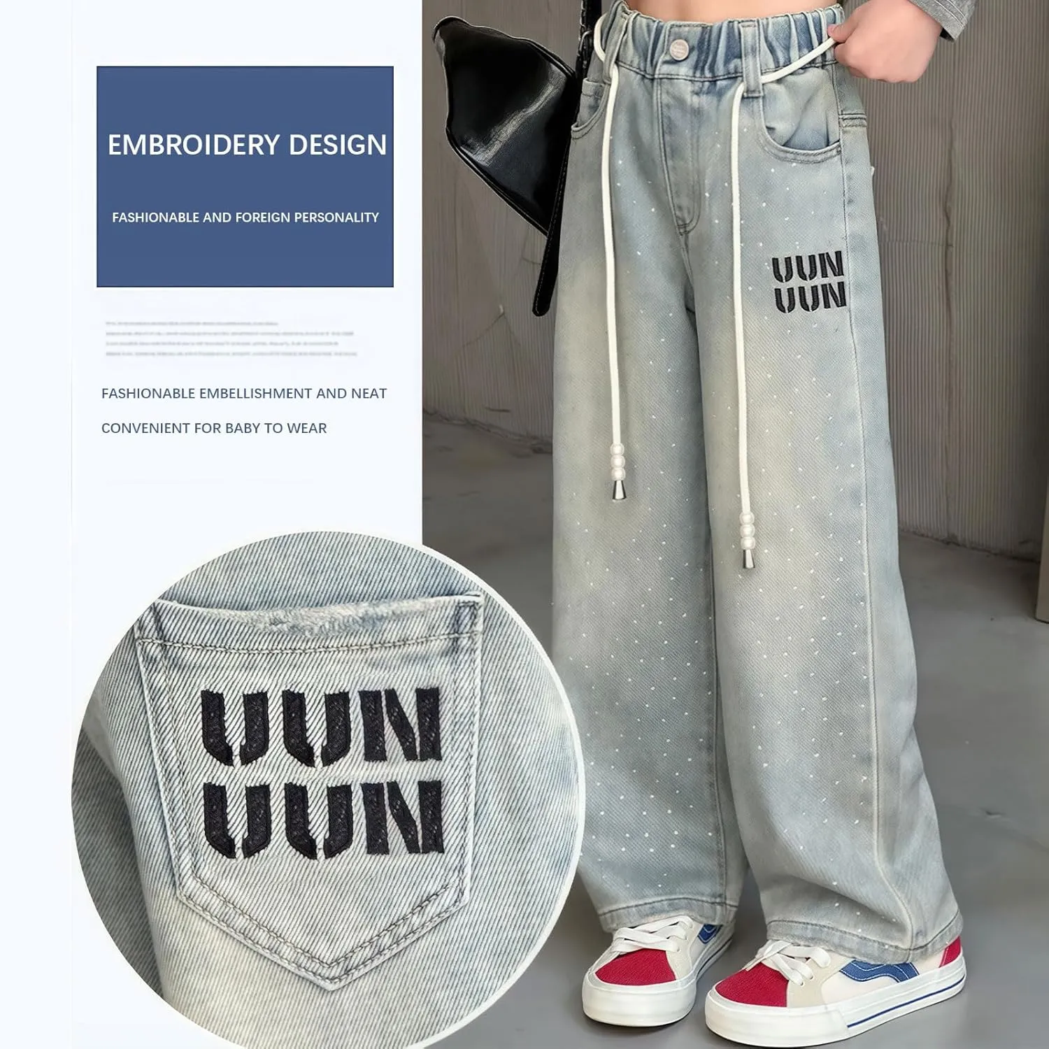 birbyrrly Girls Wide Leg Jeans Kids Baggy Elastic Waist Casual Denim Pants with Pockets