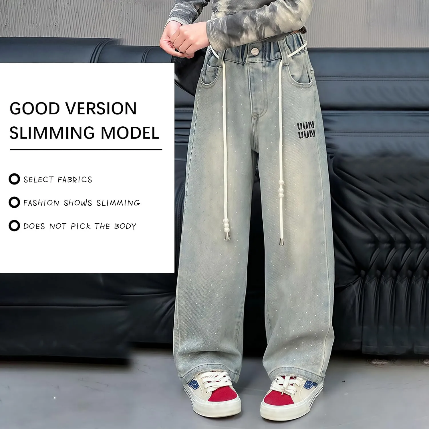 birbyrrly Girls Wide Leg Jeans Kids Baggy Elastic Waist Casual Denim Pants with Pockets
