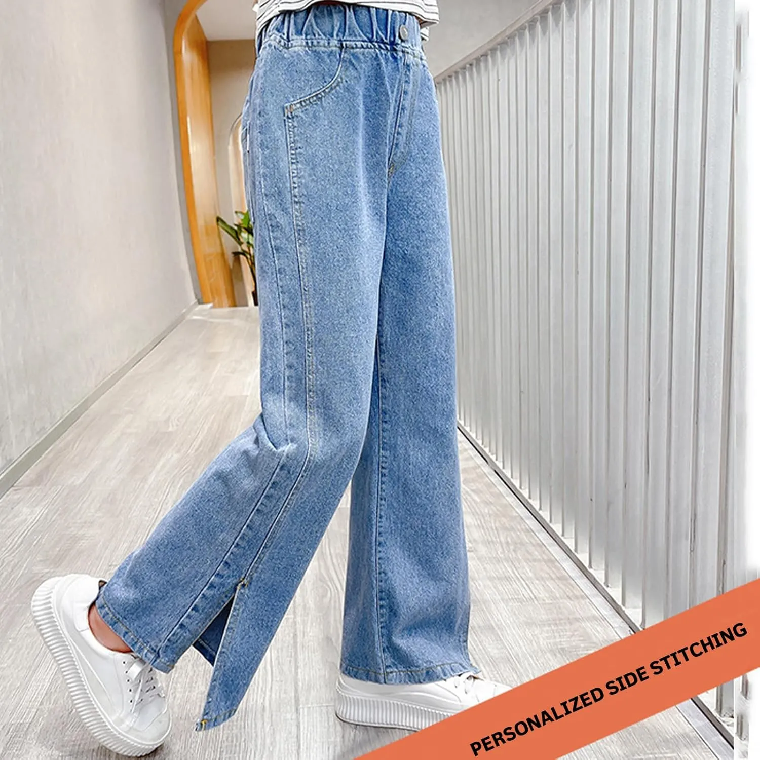 birbyrrly Girls Wide Leg Jeans Kids Baggy Elastic Waist Casual Denim Pants with Pockets