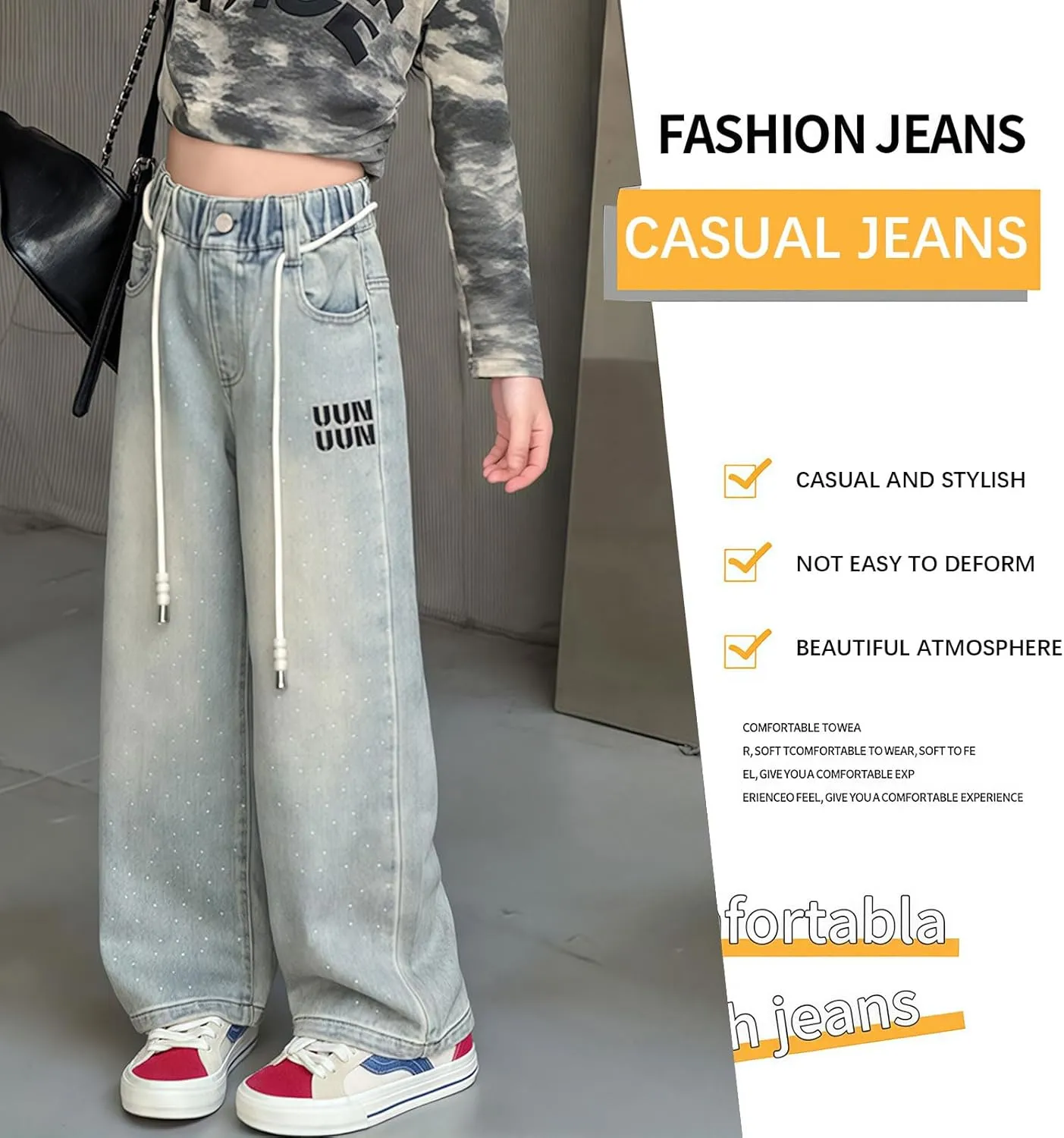 birbyrrly Girls Wide Leg Jeans Kids Baggy Elastic Waist Casual Denim Pants with Pockets