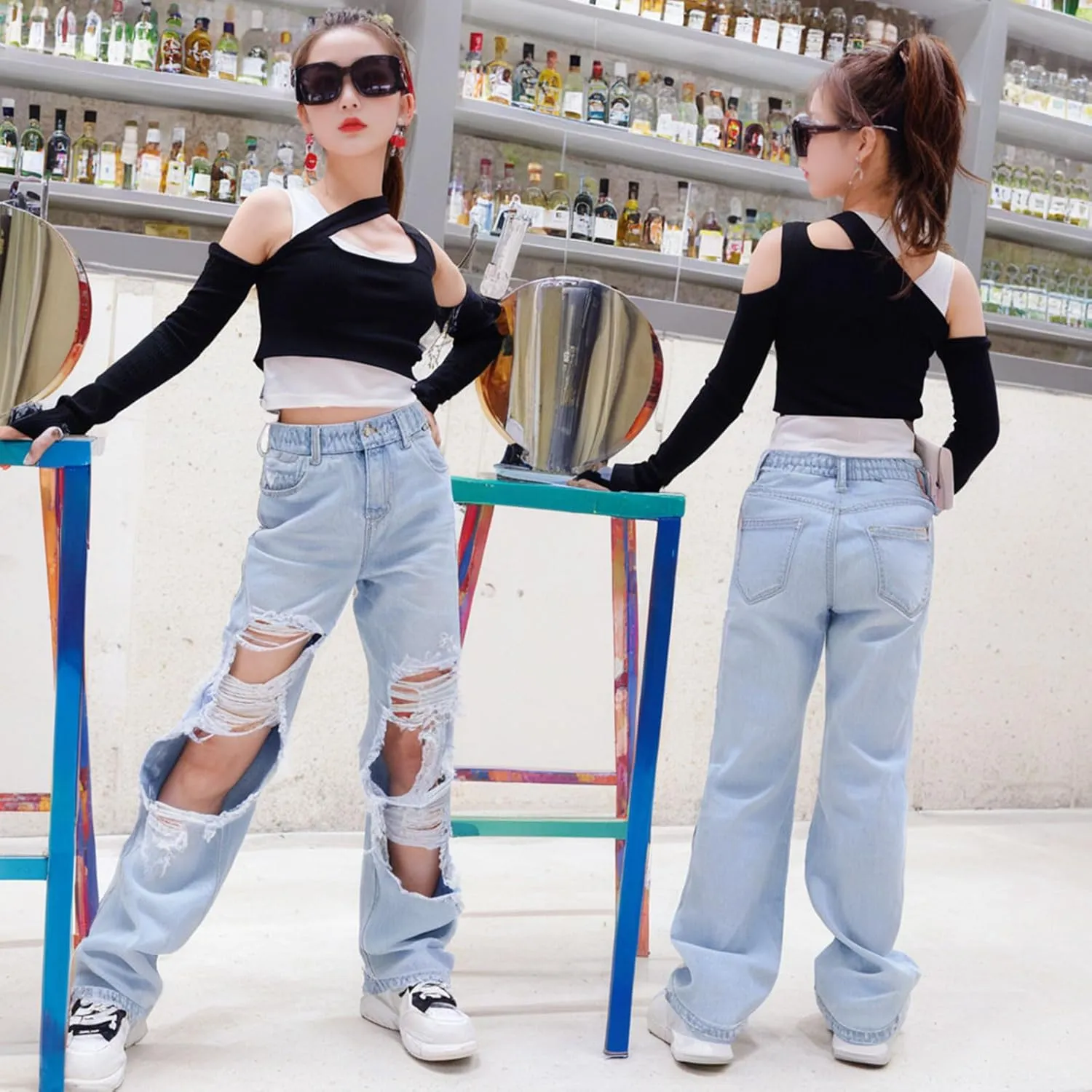 birbyrrly Girls Wide Leg Jeans Kids Baggy Elastic Waist Casual Denim Pants with Pockets