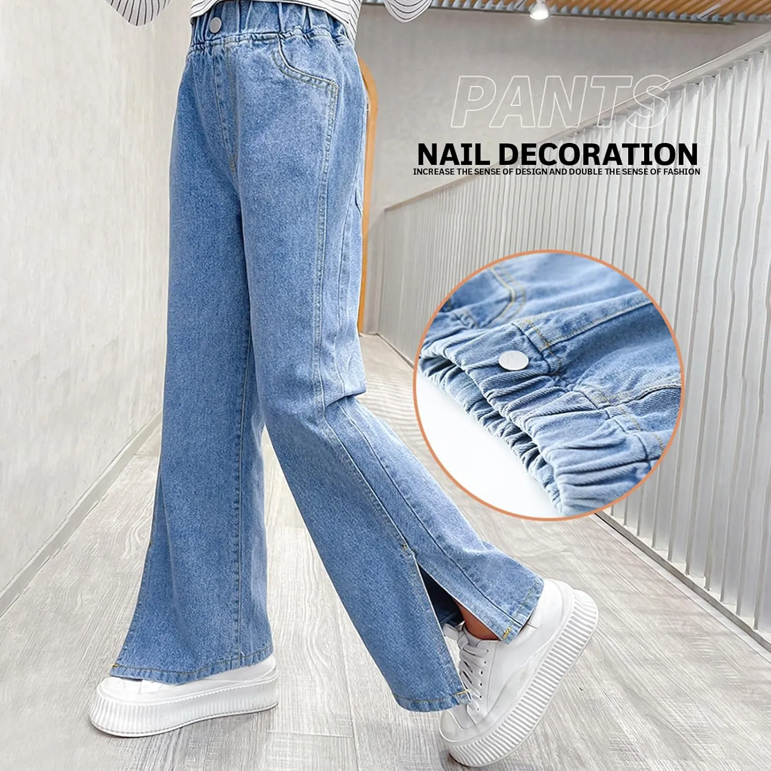 birbyrrly Girls Wide Leg Jeans Kids Baggy Elastic Waist Casual Denim Pants with Pockets