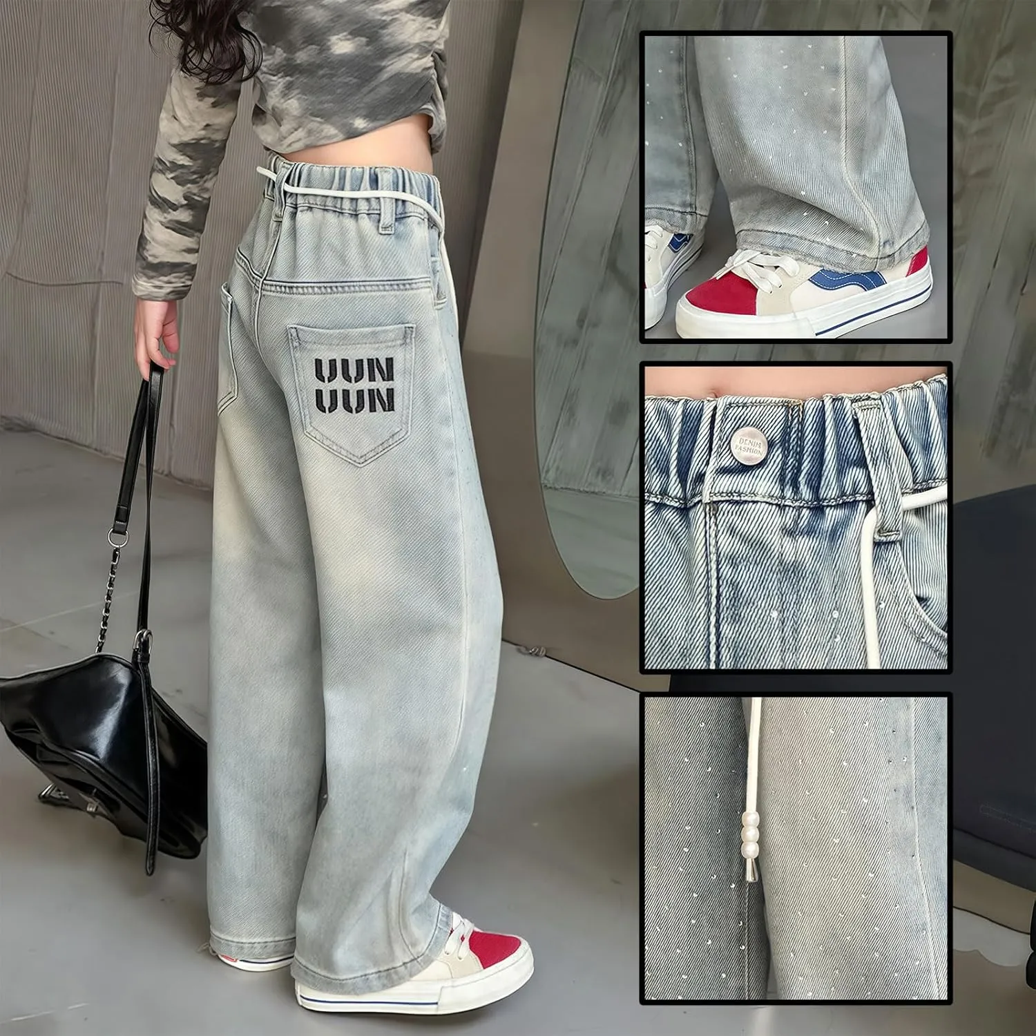 birbyrrly Girls Wide Leg Jeans Kids Baggy Elastic Waist Casual Denim Pants with Pockets