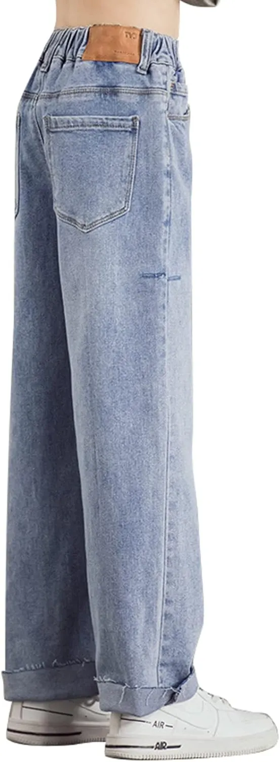 birbyrrly Girls Wide Leg Jeans Kids Baggy Elastic Waist Casual Denim Pants with Pockets