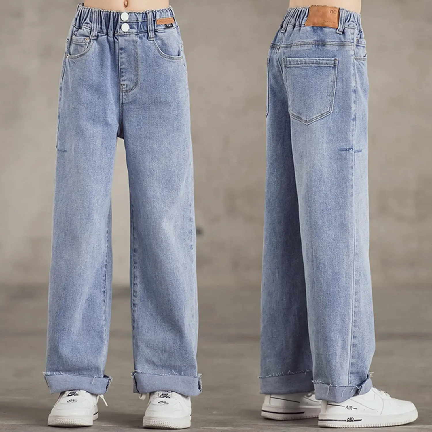 birbyrrly Girls Wide Leg Jeans Kids Baggy Elastic Waist Casual Denim Pants with Pockets