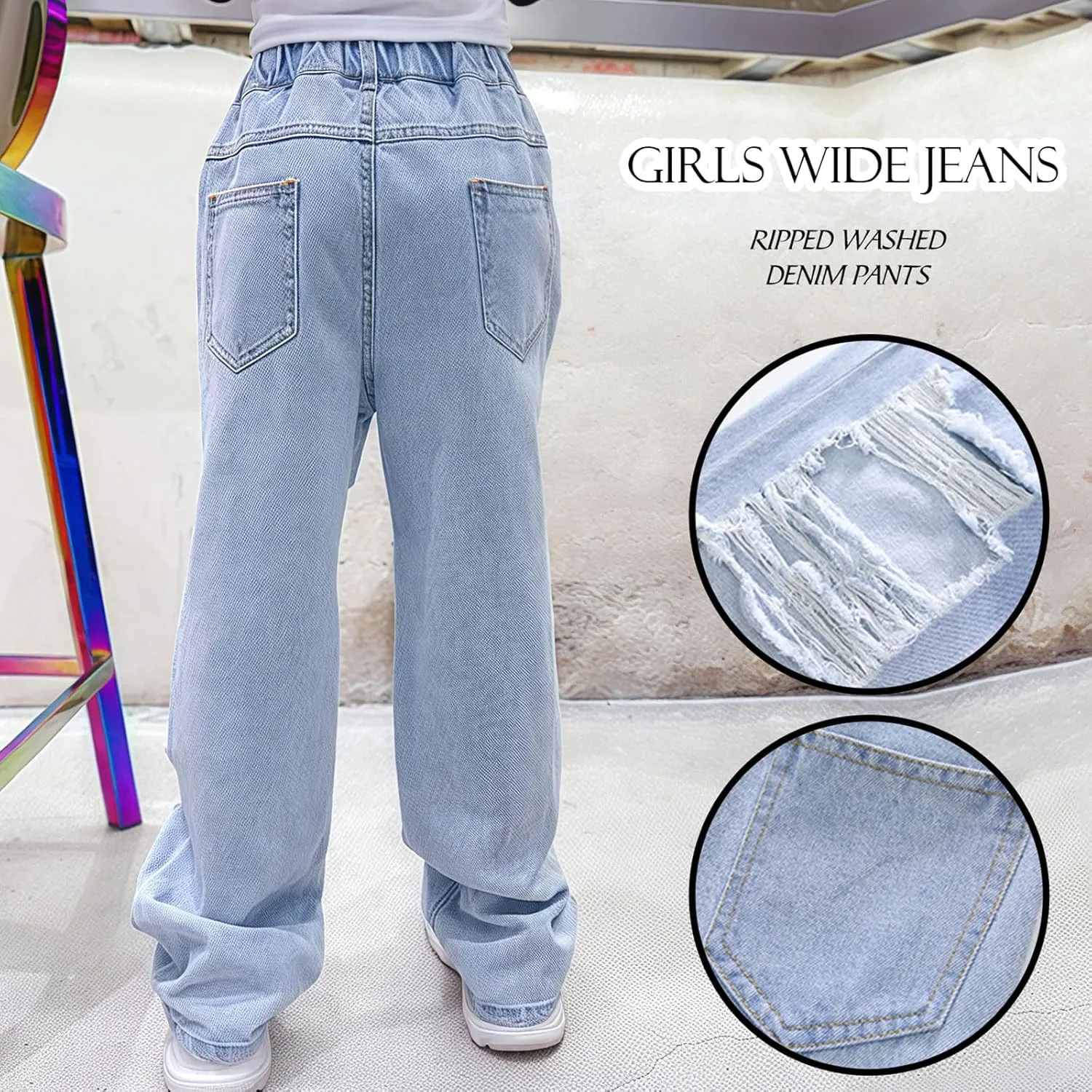 birbyrrly Girls Wide Leg Jeans Kids Baggy Elastic Waist Casual Denim Pants with Pockets