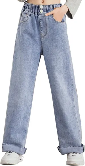 birbyrrly Girls Wide Leg Jeans Kids Baggy Elastic Waist Casual Denim Pants with Pockets