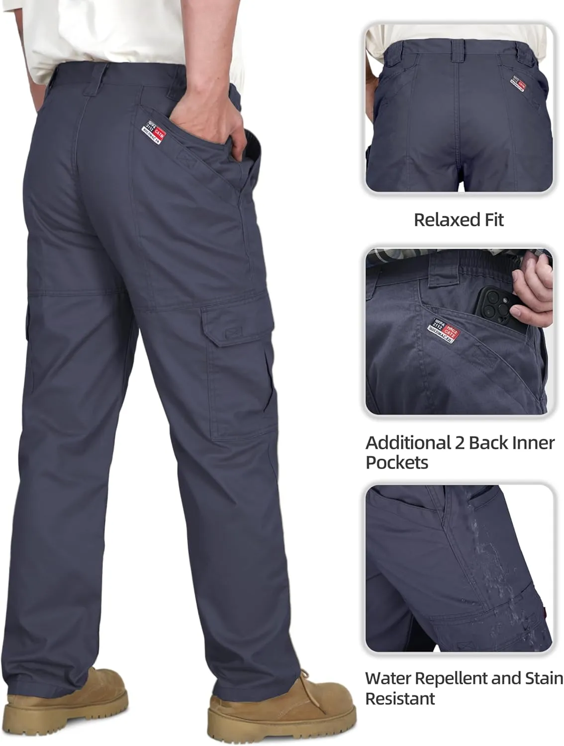 BOCOMAL FR Pants for Men Double Front Flame Resistant Cargo 10 Multi-Pockets Elastic Waist Work Pants