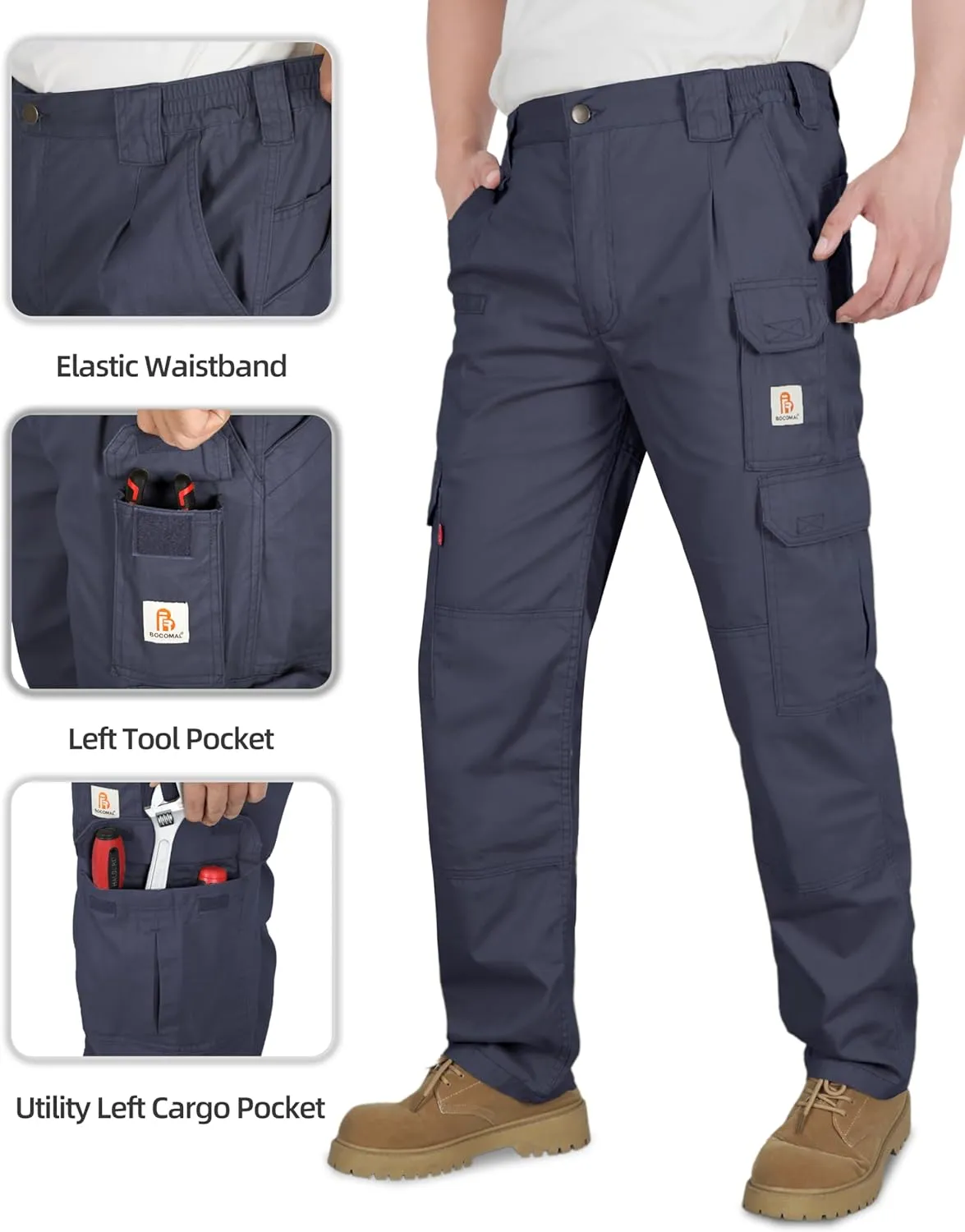 BOCOMAL FR Pants for Men Double Front Flame Resistant Cargo 10 Multi-Pockets Elastic Waist Work Pants