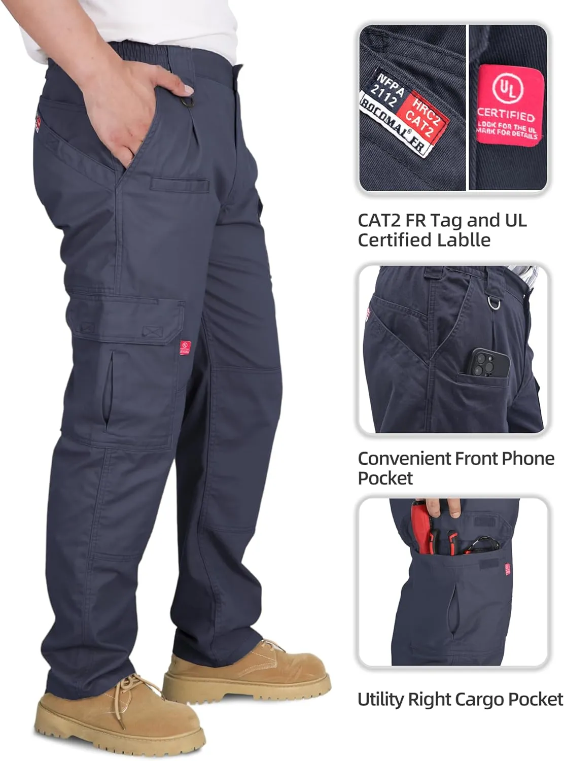 BOCOMAL FR Pants for Men Double Front Flame Resistant Cargo 10 Multi-Pockets Elastic Waist Work Pants