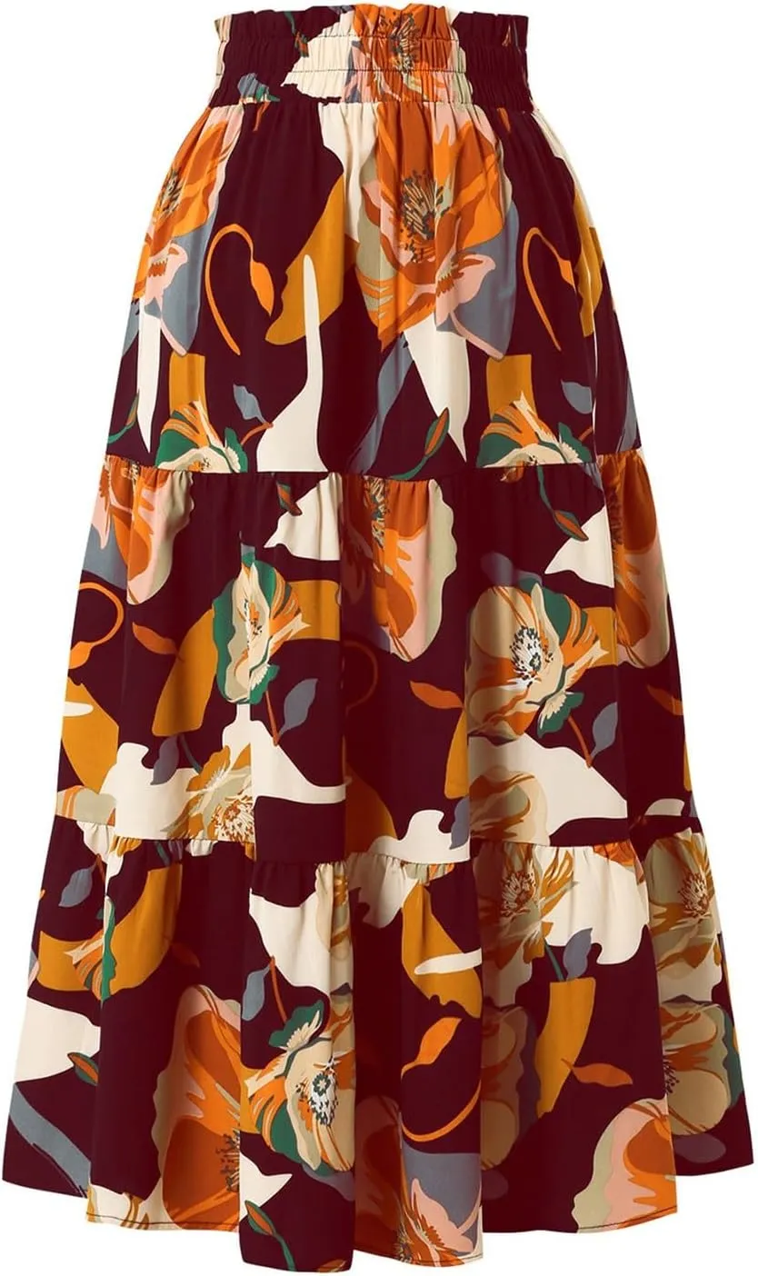 Boho Midi Skirts for Women A Line Pleated Tiered Floral Skirt Flowy Ruffle Hem Skater Skirt Summer Bohemian Clothes