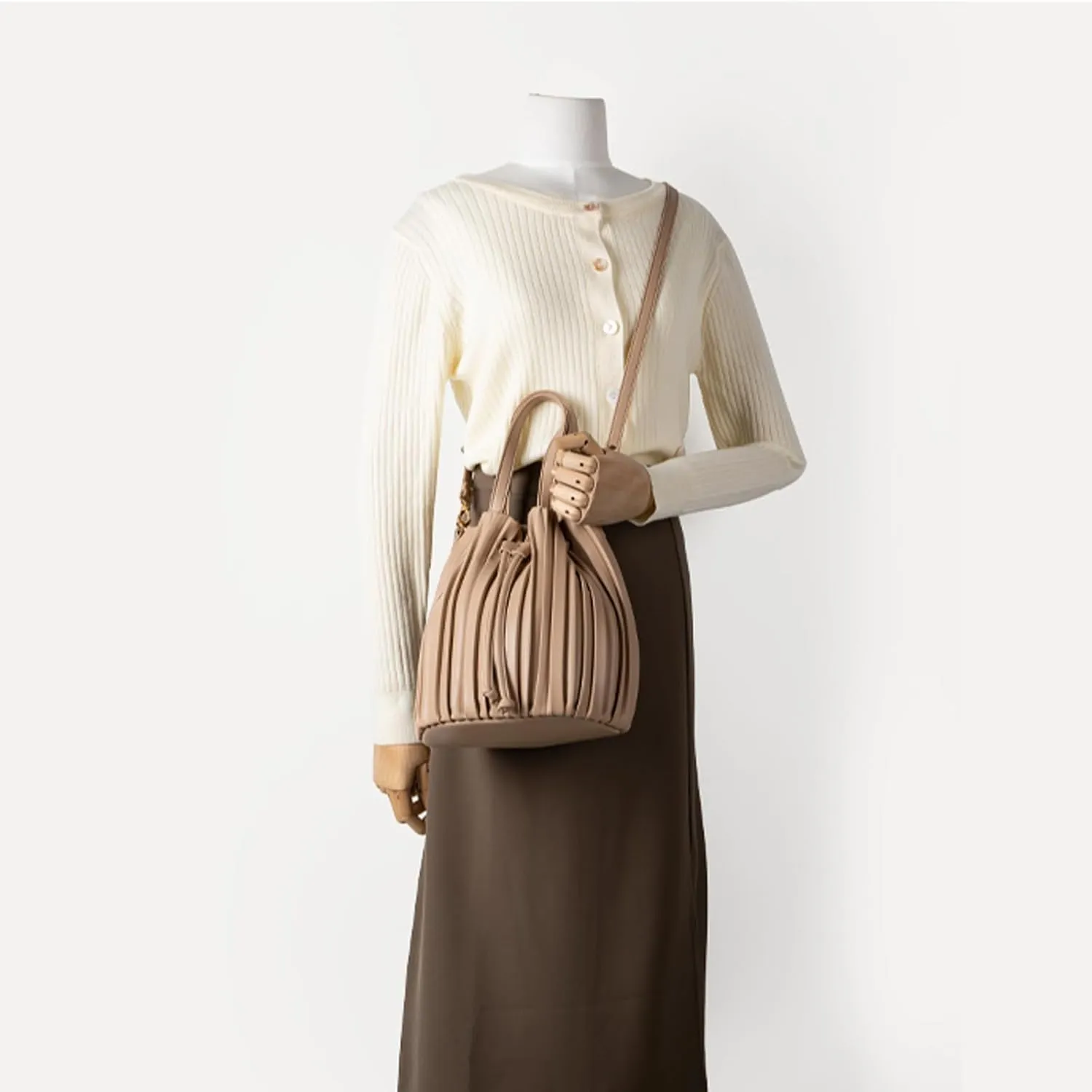 Bucket Bags for Women, Mini Leather Drawstring Crossbody Bucket Purses Pleated Shoulder Handbags